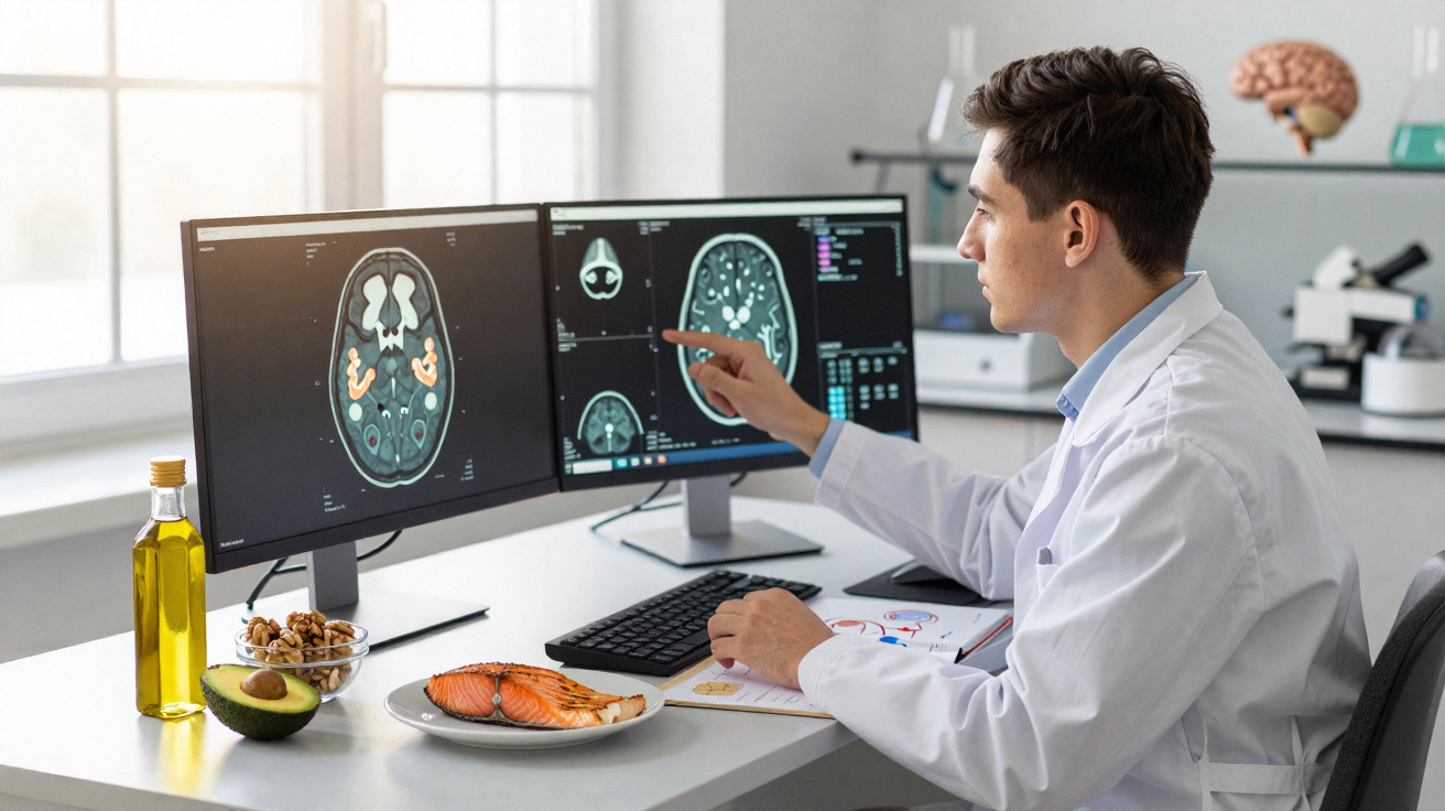 Médico analisando imagens cerebrais em computador com alimentos saudáveis sobre mesa, como salmão e abacate.