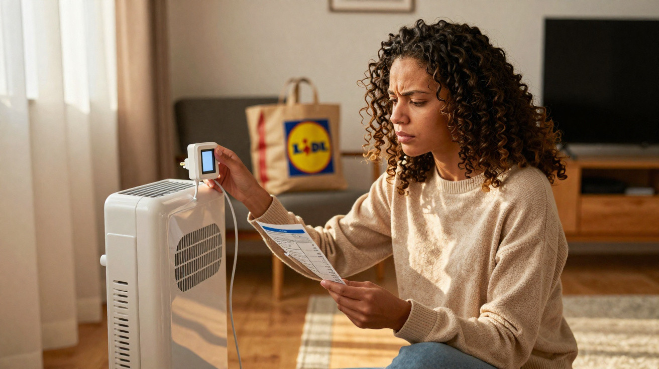 Mulher lendo manual enquanto ajusta controle remoto de aquecedor em sala com sacola do Lidl ao fundo.