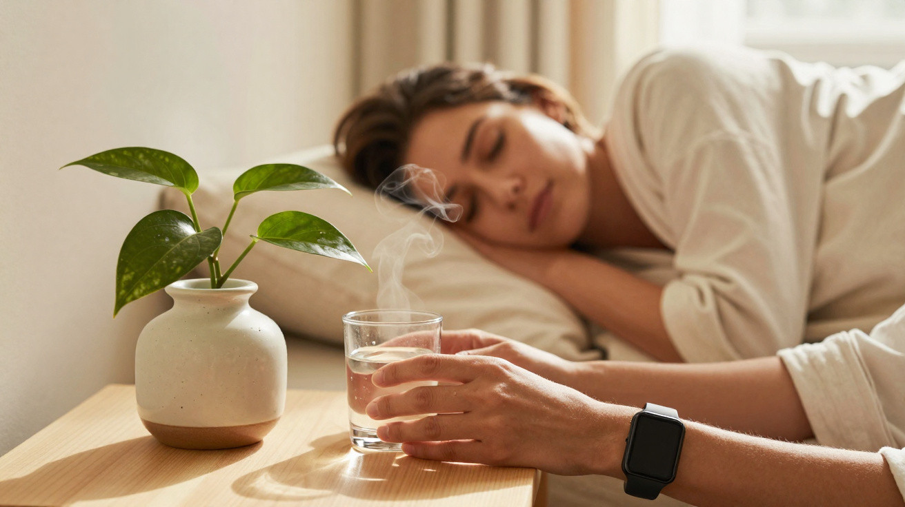 Pessoa deitada descansando, com copo de água quente na mão e vaso com planta sobre mesa de madeira.