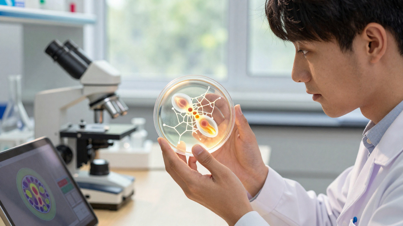 Cientista observa cultura celular em placa de Petri em laboratório com microscópio e laptop ao fundo.
