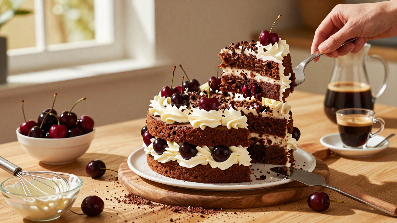Bolo de chocolate com chantilly e cerejas, fatia sendo servida, xícara de café e tigela de cerejas ao fundo.