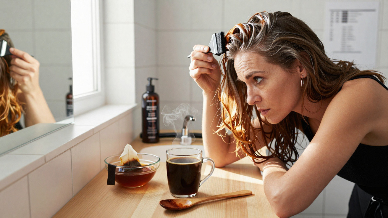 Mulher penteando cabelos molhados sentada à mesa com xícara de café e chá no banheiro.