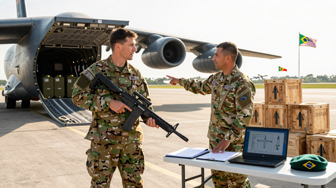 Dois soldados em uniforme camuflado ao lado de avião militar, com caixas e laptop sobre mesa no aeroporto.