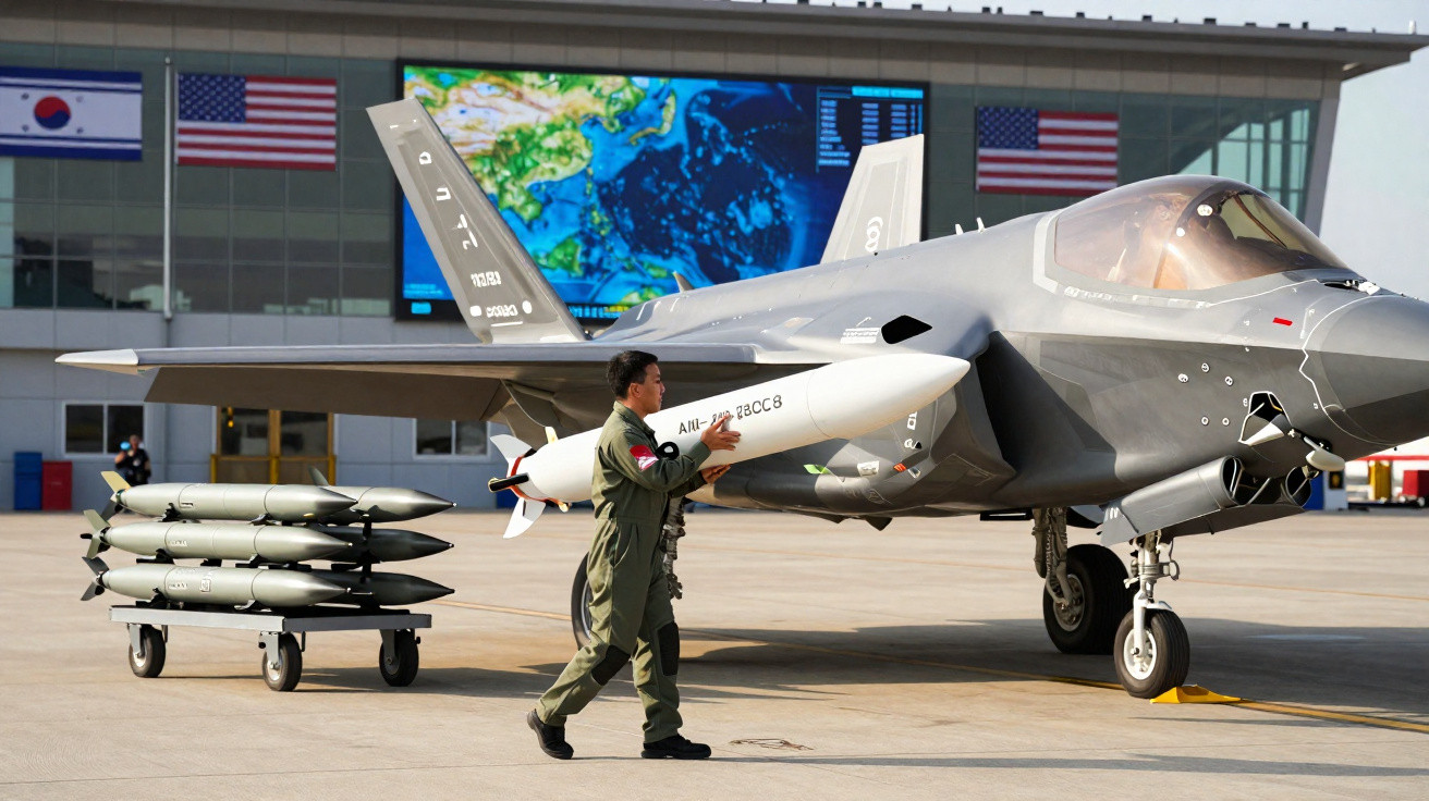 Militar com uniforme verde carregando míssil próximo a caça militar estacionado em base aérea.