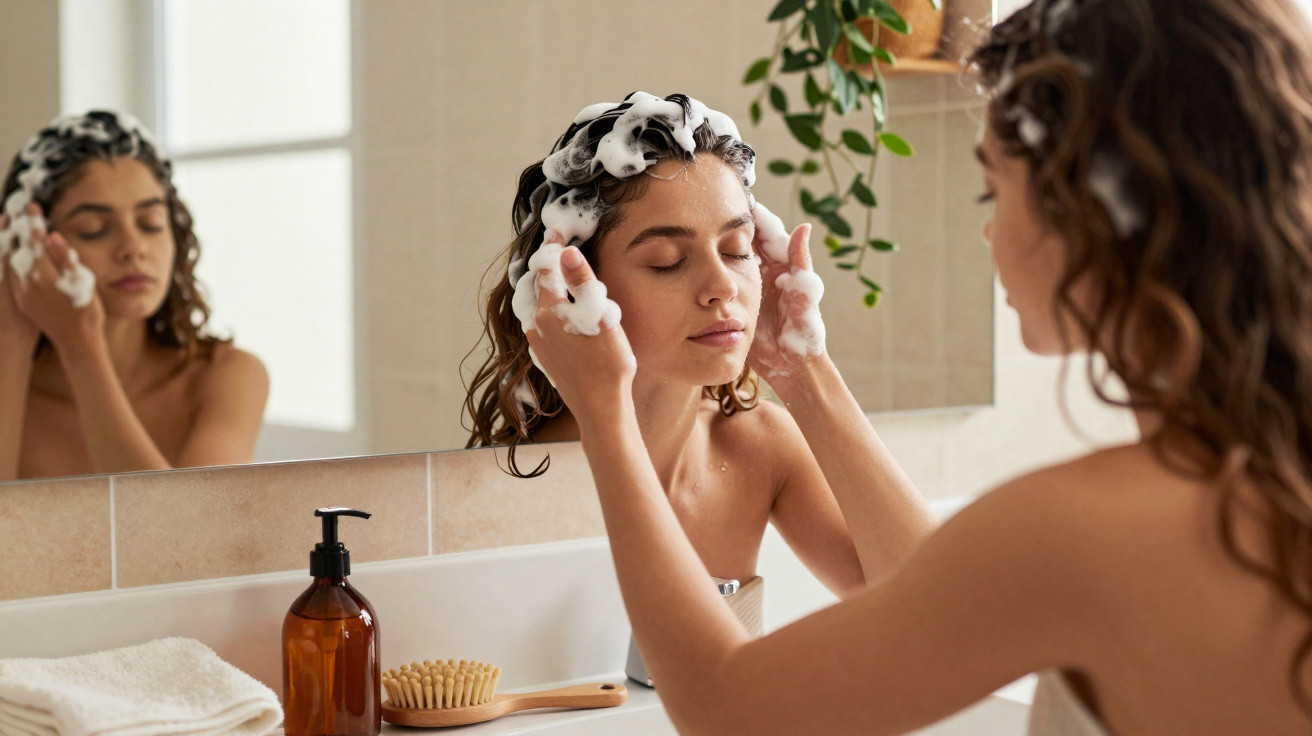Mulher lavando o cabelo com espuma em frente ao espelho no banheiro, olhos fechados.