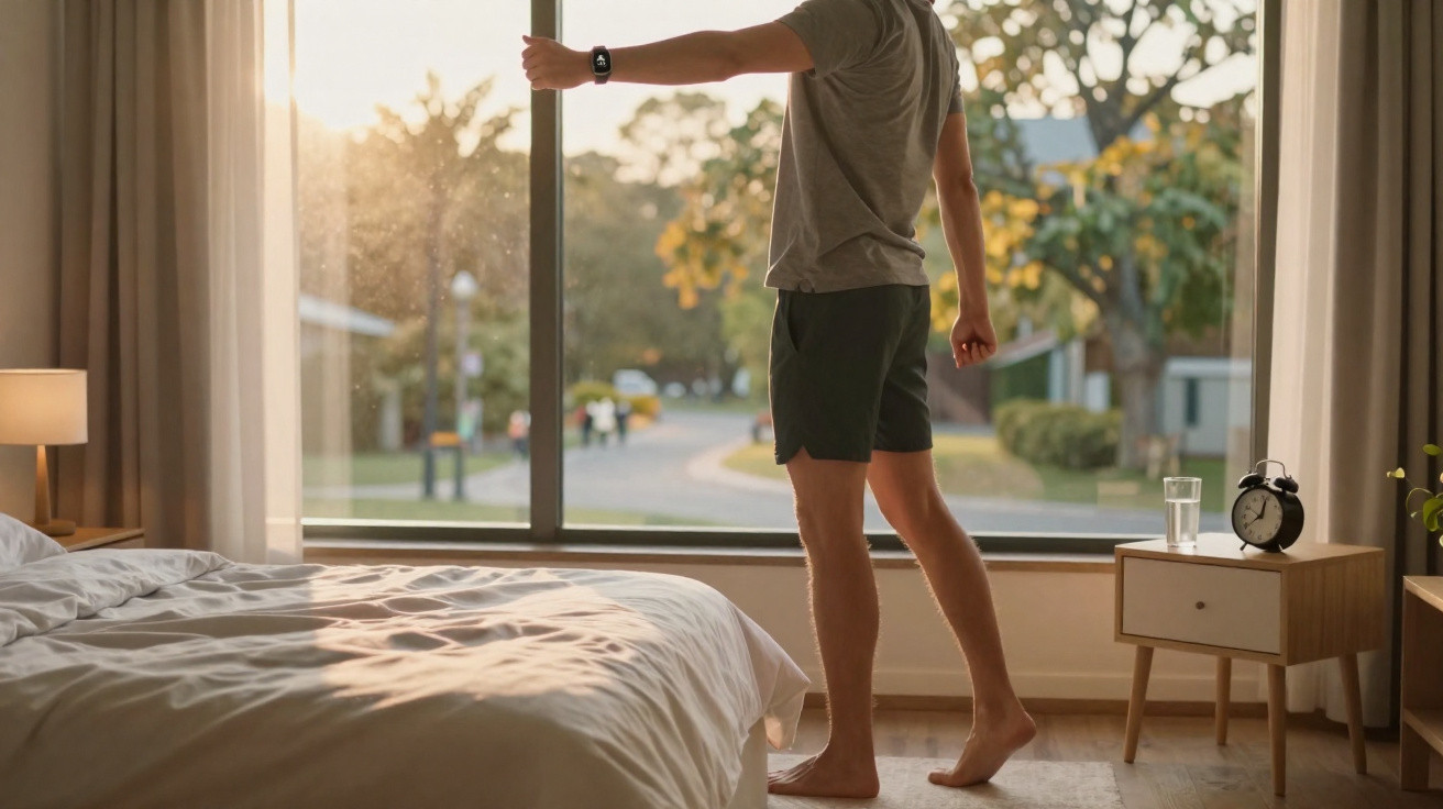 Homem em shorts abrindo a janela de um quarto ao amanhecer com cama e criado-mudo ao lado.