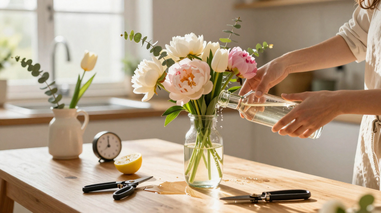 Pessoa regando flores em vaso de vidro sobre mesa de madeira em cozinha iluminada pela janela.