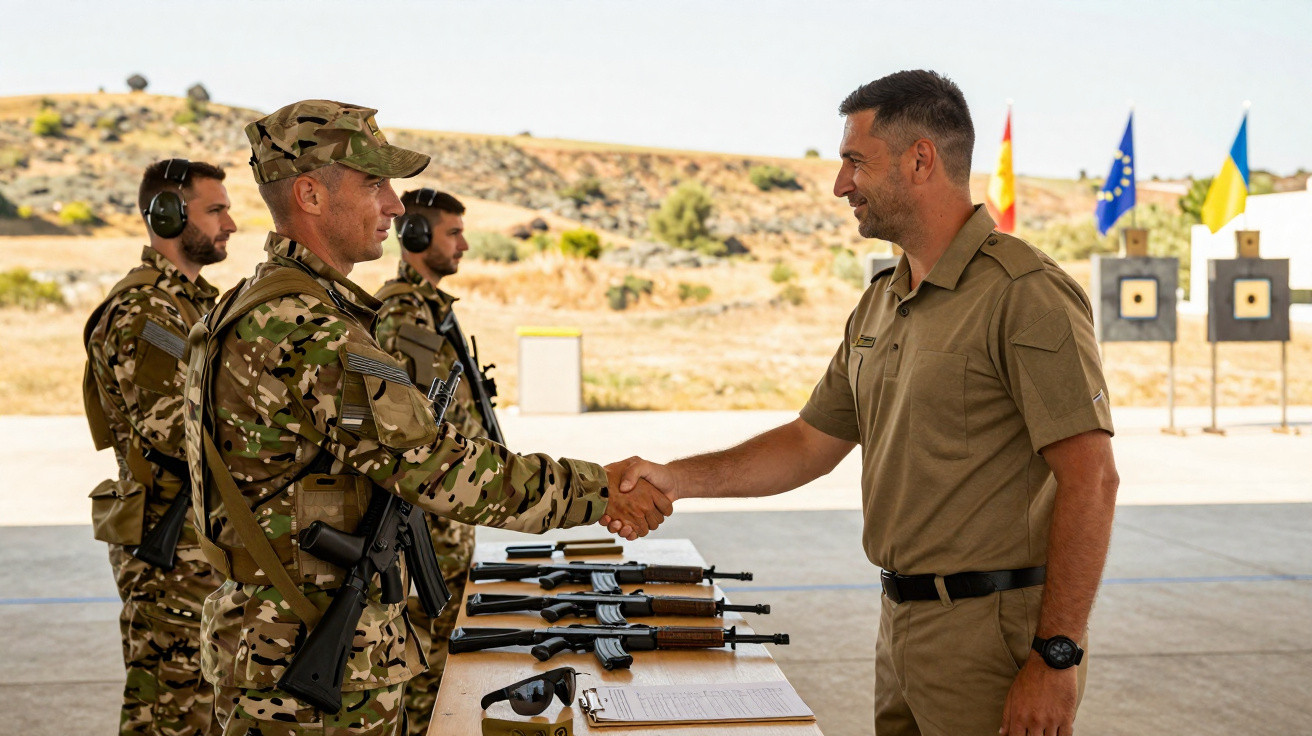 Militar em uniforme cumprimenta outro homem em ambiente de treinamento com armas sobre a mesa.