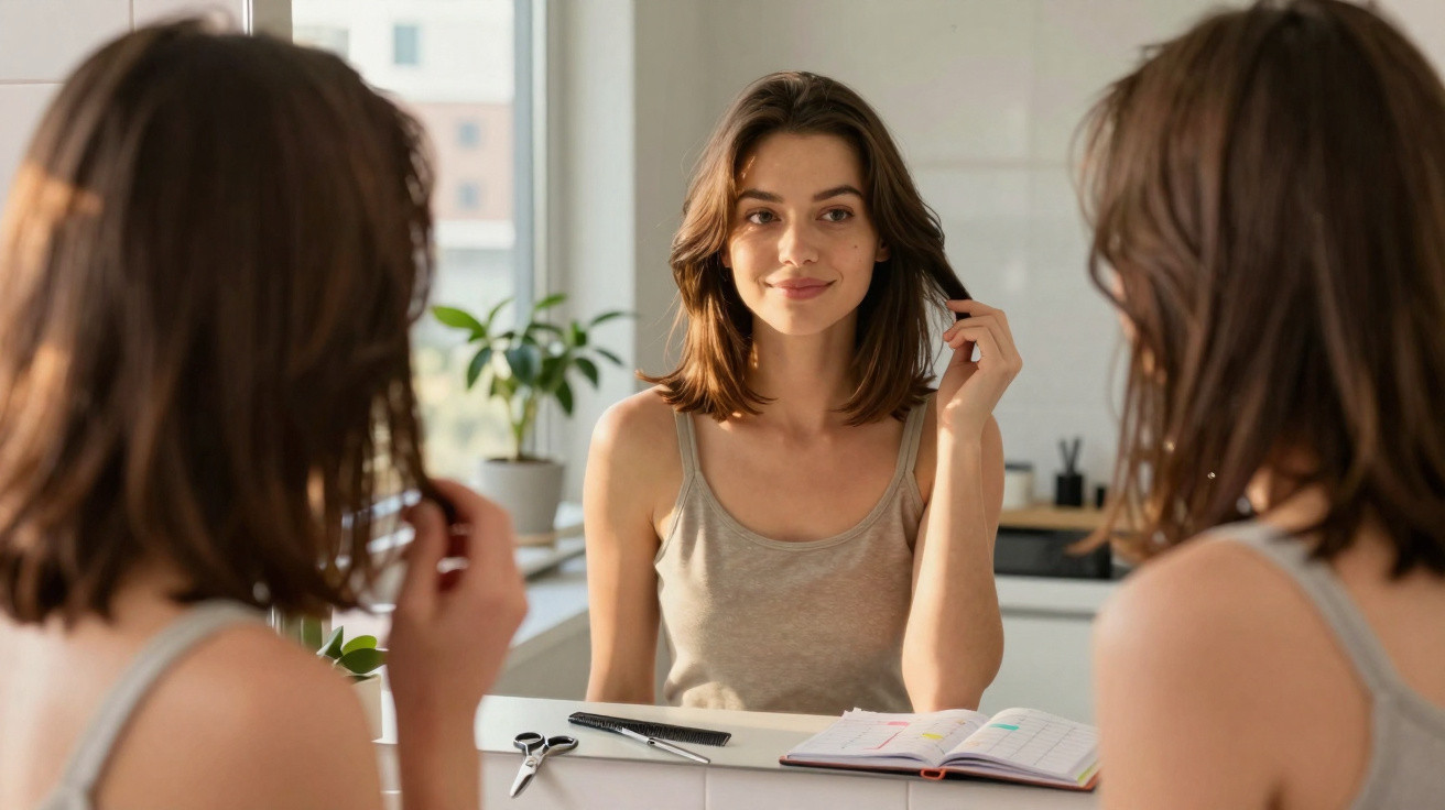 Mulher jovem olhando para o espelho em uma mesa com caderno aberto e utensílios de cabelo.