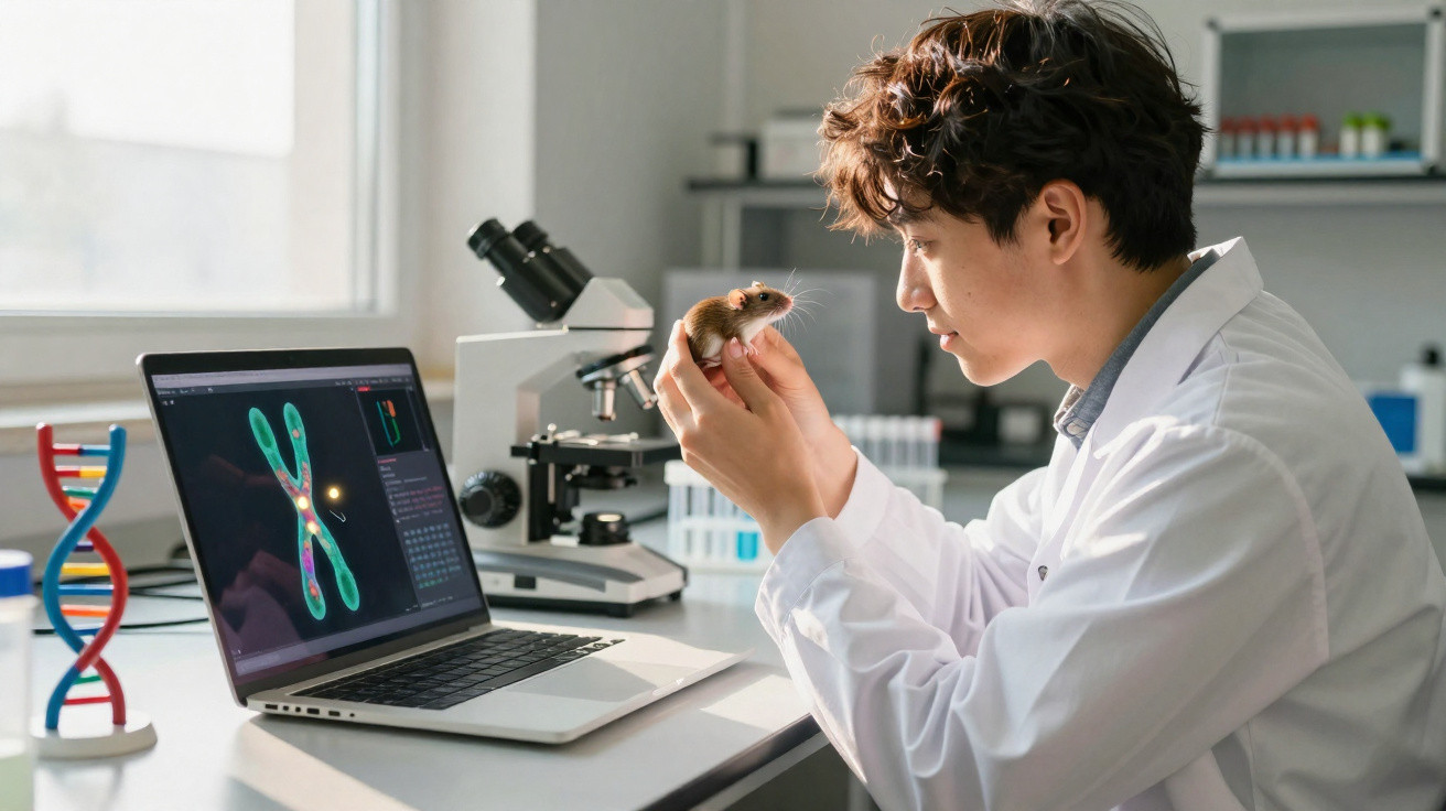 Cientista em laboratório segurando um camundongo, com computador e microscópio ao fundo.