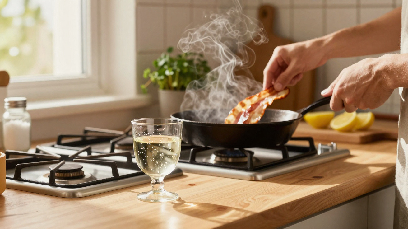 Pessoa fritando bacon em frigideira com fumaça, ao lado de copo com bebida em cozinha iluminada.