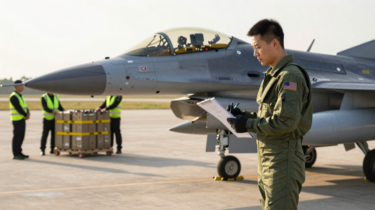 Militar americano com uniforme verde faz anotações próximo a caça F-16 estacionado em pista de aeroporto.