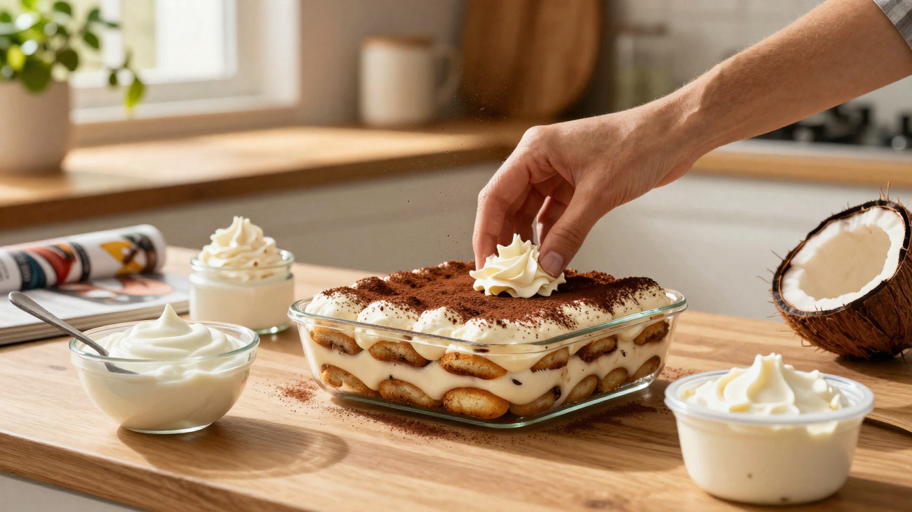 Mão decorando tiramisu com chantilly em recipiente de vidro sobre bancada de madeira na cozinha.