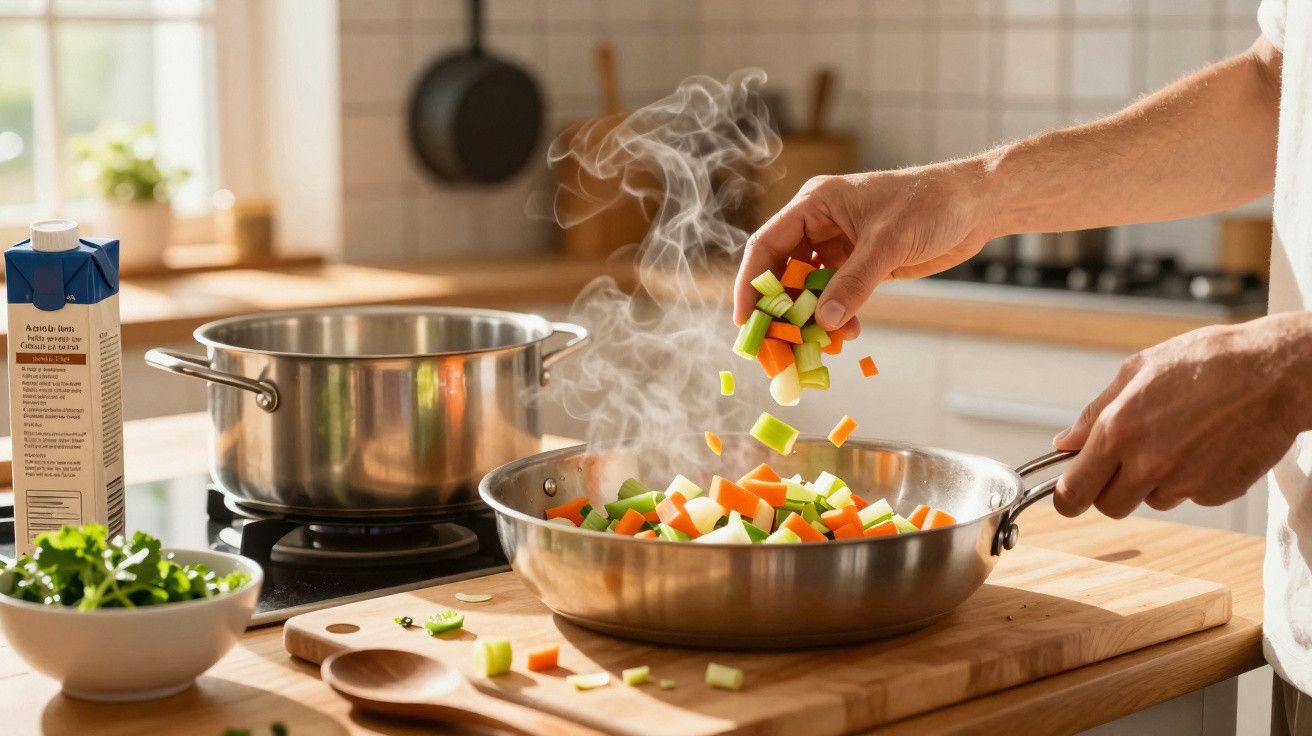Mãos adicionando legumes picados em frigideira quente com vapor em cozinha iluminada e moderna.