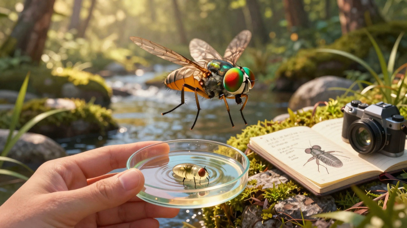 Mão segurando placa de Petri com mosca, ao lado de livro aberto ilustrando inseto e câmera fotográfica, em ambiente natural.