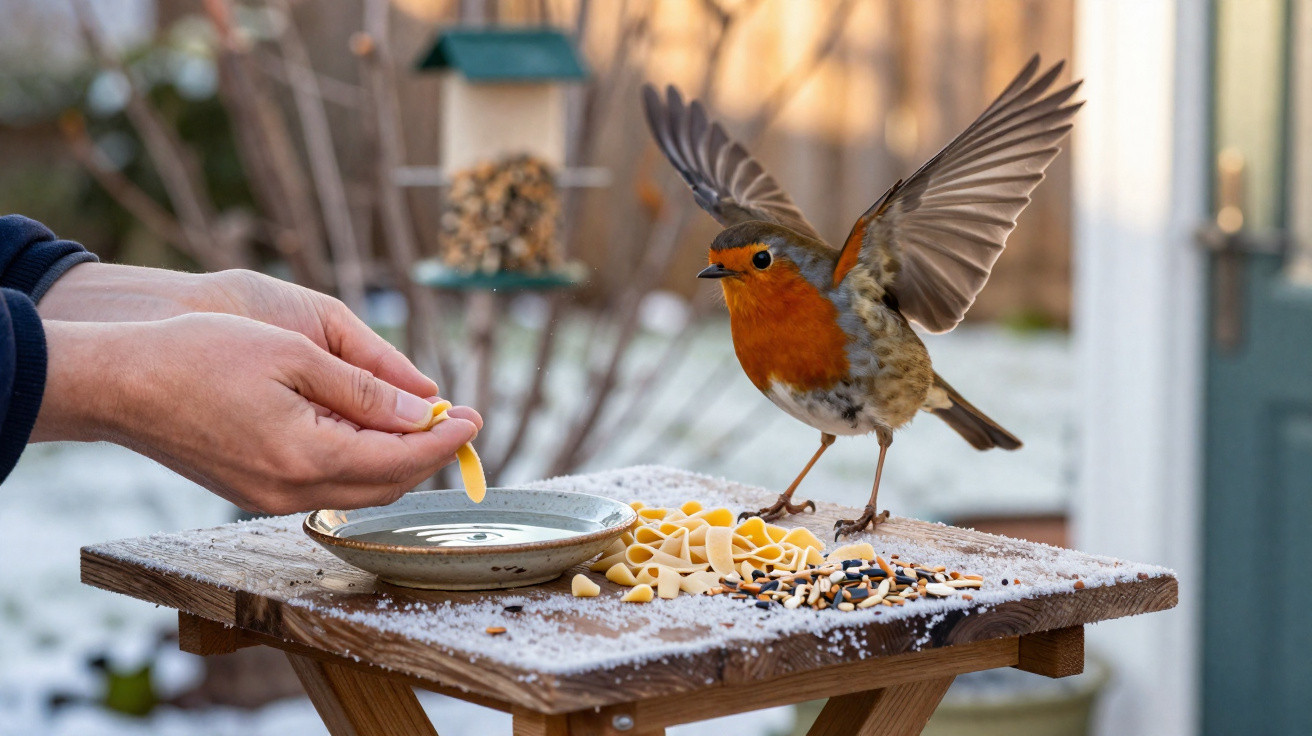Mão humana alimenta pássaro com peito laranja pousado em mesa com sementes e massa ao ar livre.