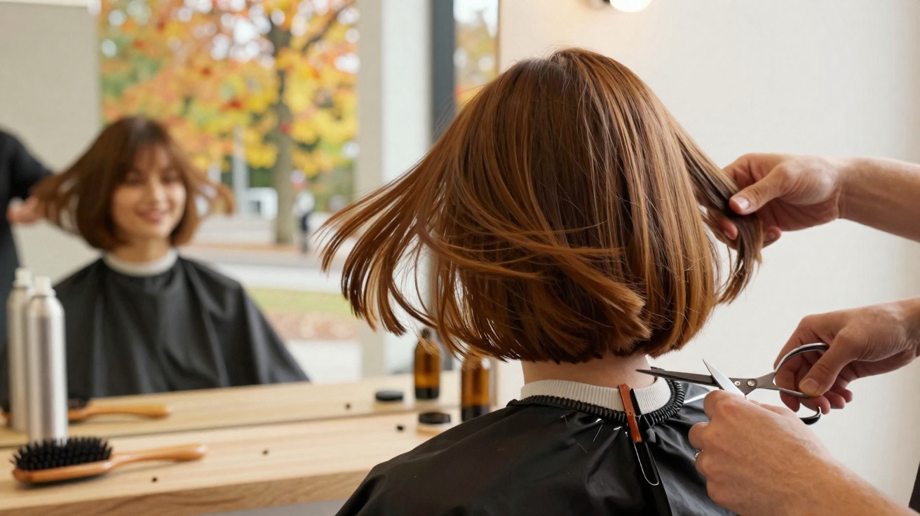 Pessoa de cabelo curto castanho recebendo corte de cabelo em salão com espelho refletindo o rosto sorridente.