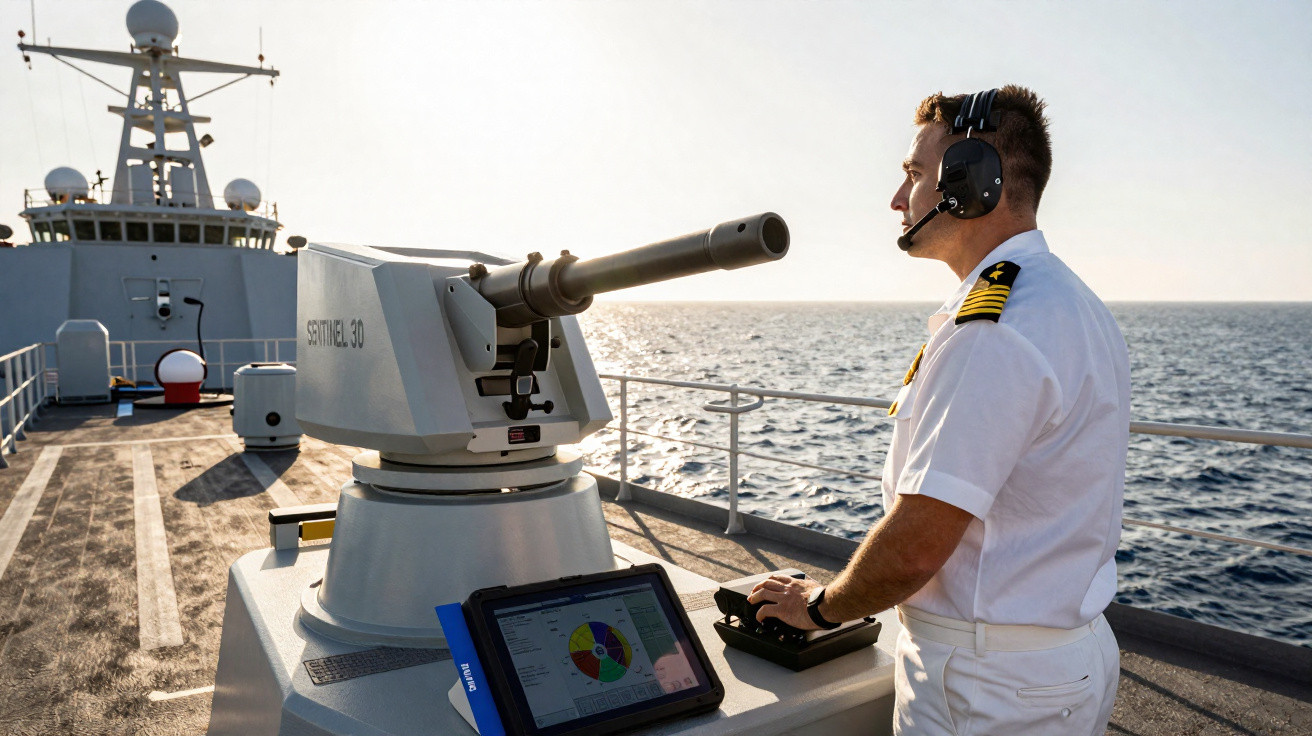 Oficial naval operando sistema de defesa em navio com mar ao fundo em dia ensolarado.