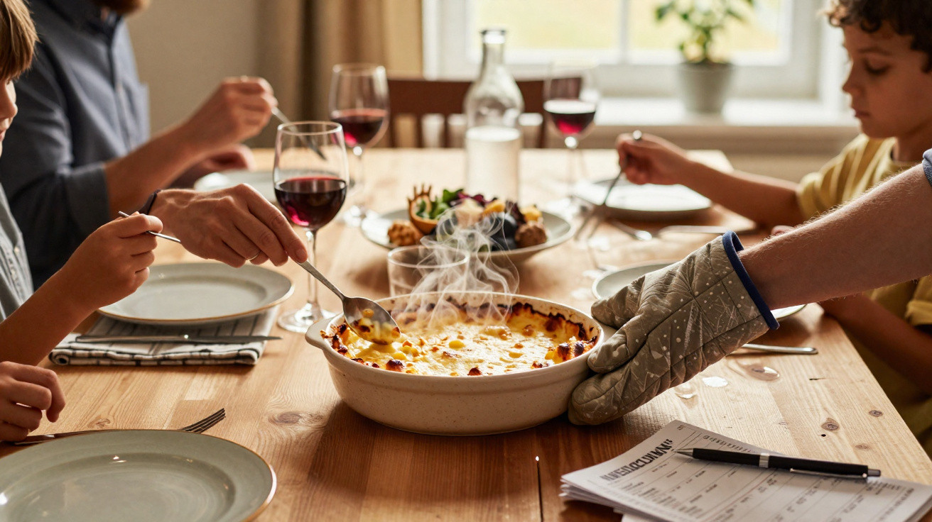 Família reunida à mesa, servindo prato fumegante em almoço com vinho e salada.