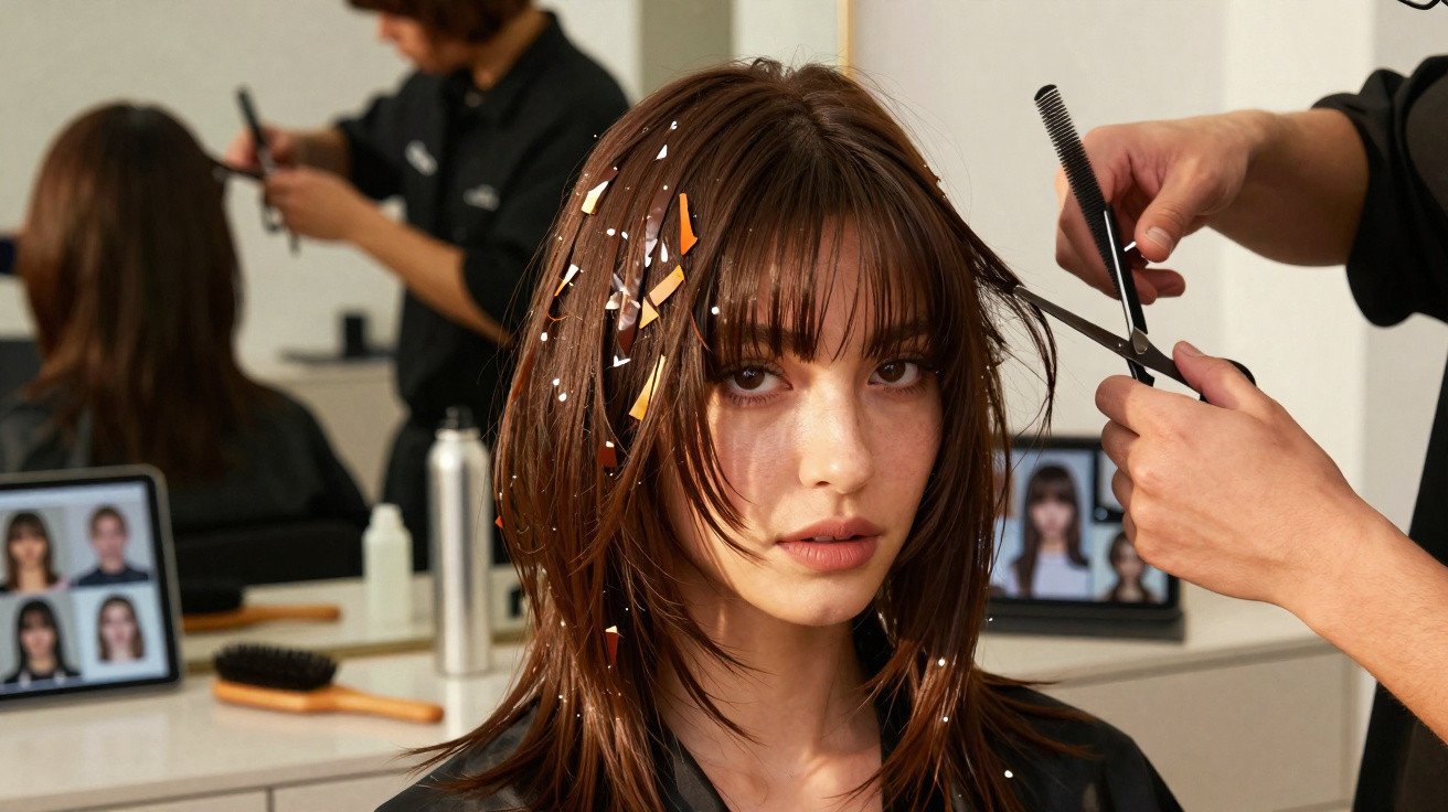 Mulher com cabelo castanho sendo cortada por cabeleireiro em salão de beleza, com pedaços coloridos no cabelo.