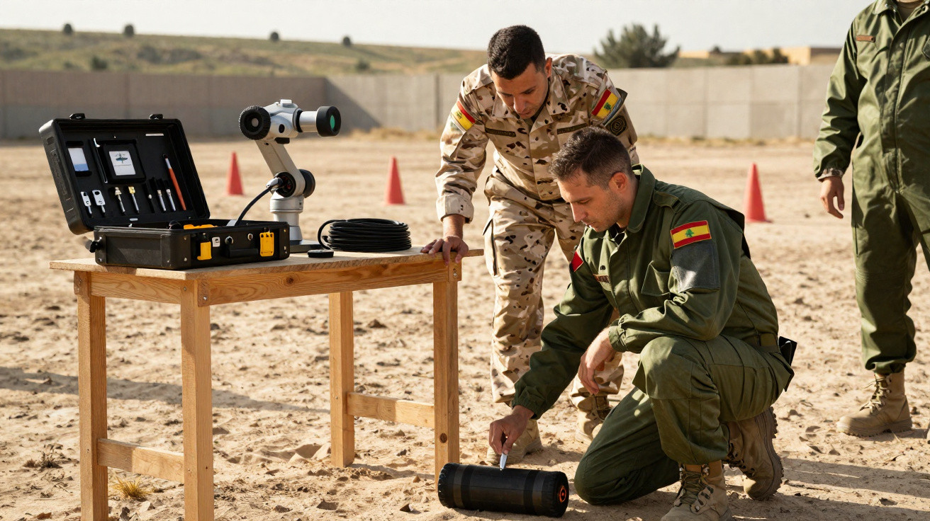 Dois militares espanhóis manipulam equipamento de observação e dispositivo no deserto durante treinamento.