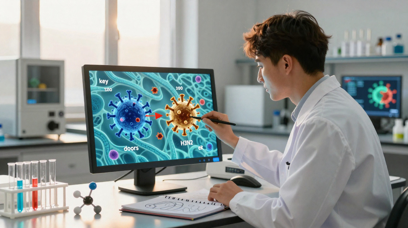 Pesquisador em laboratório analisando imagens de vírus no computador com líquido colorido em tubos de ensaio ao lado.