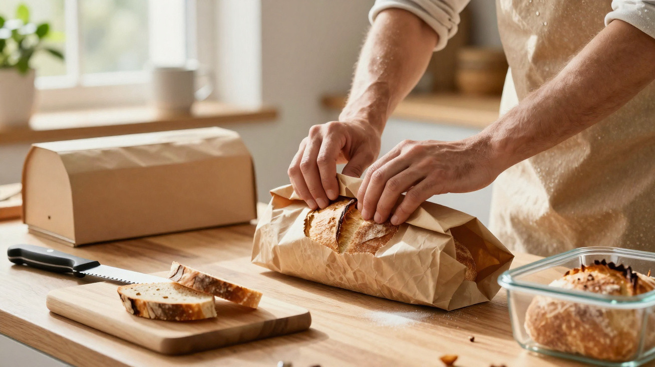 Pessoa embalando pão artesanal em saco de papel na cozinha com fatias cortadas sobre tábua de madeira.