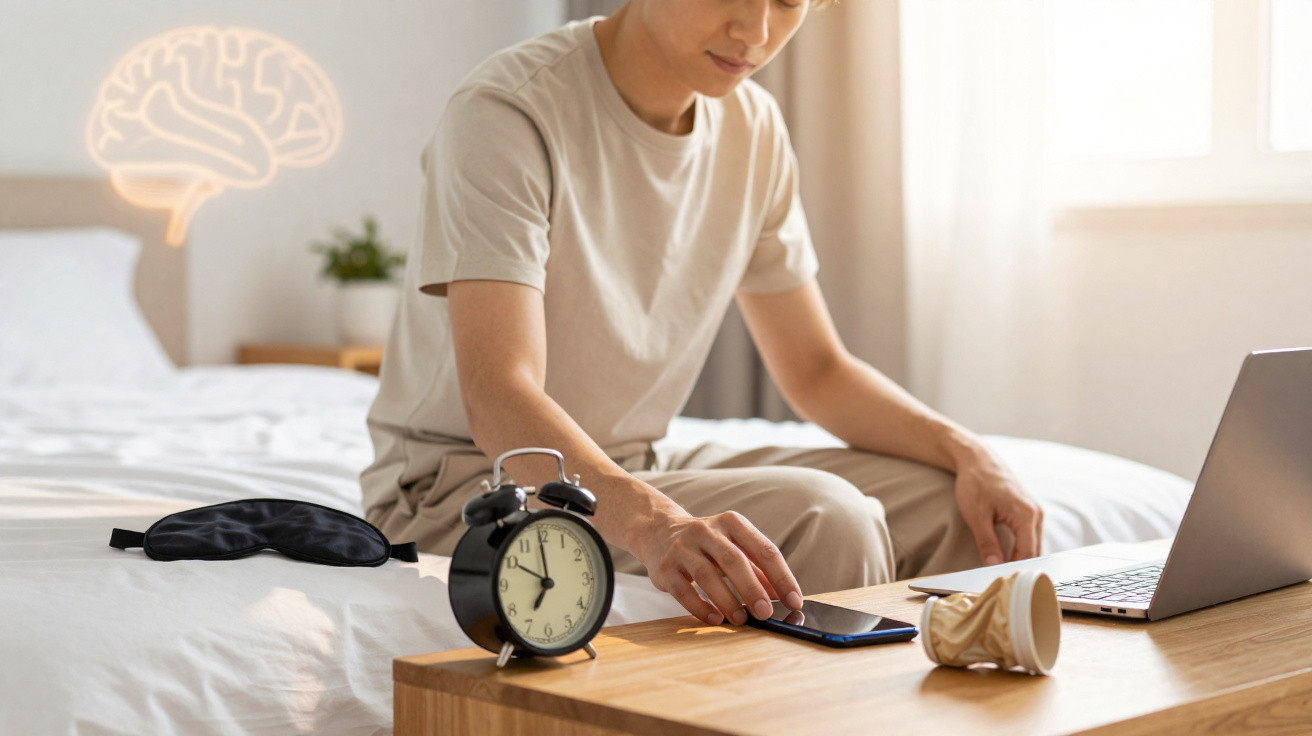 Homem sentado na cama em quarto claro, usando celular, com relógio e laptop sobre mesa de madeira próxima.