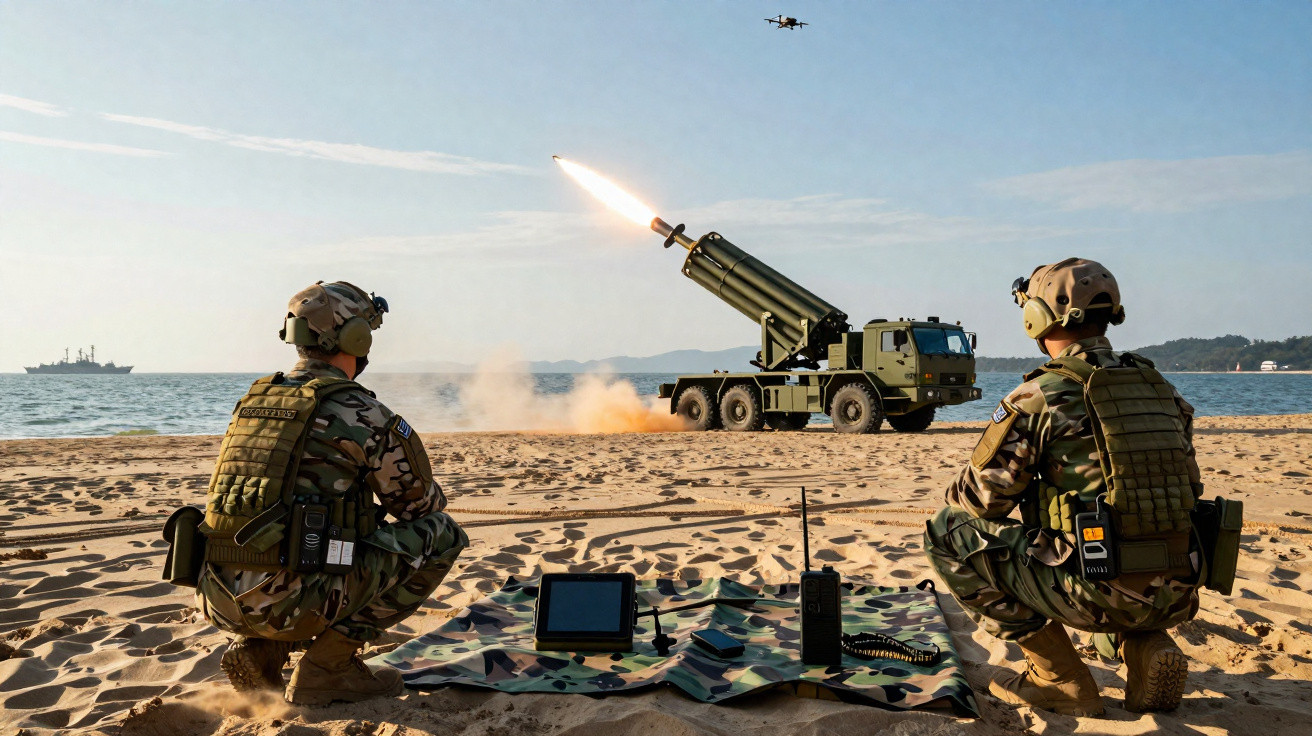 Dois soldados observam lançamento de míssil de veículo militar em praia com drone e navio ao fundo.