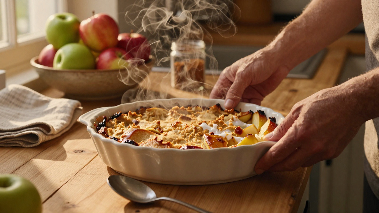 Mãos retirando torta quente de maçã assada do forno em uma forma branca com vapor saindo.
