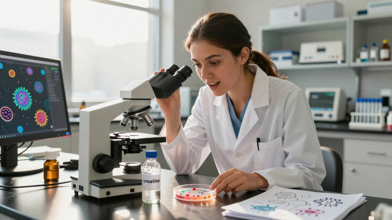 Pesquisadora em jaleco branco usando microscópio em laboratório com cultura em placa de petri.