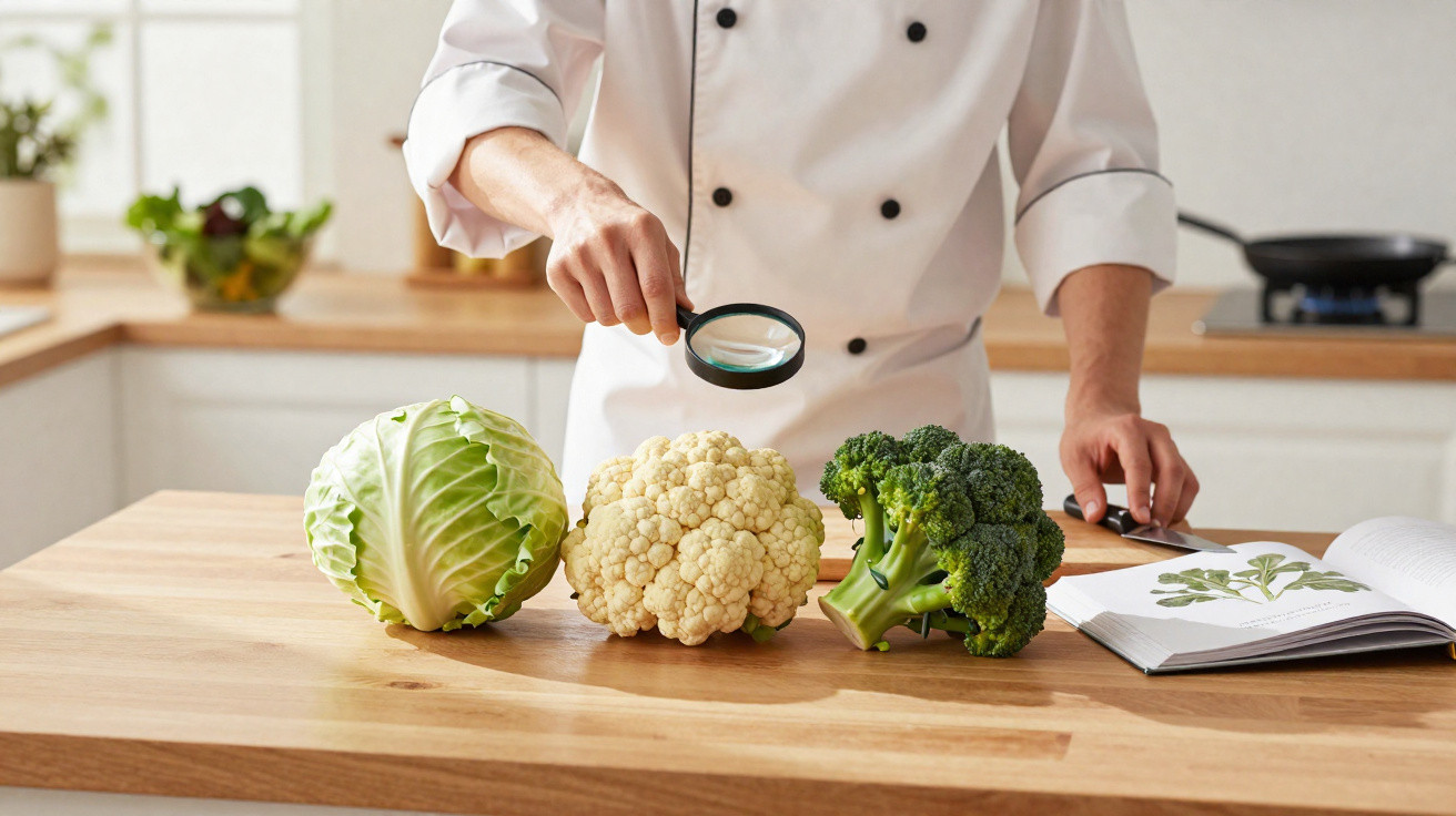Chef inspecionando repolho, couve-flor e brócolis com lupa em bancada de madeira.