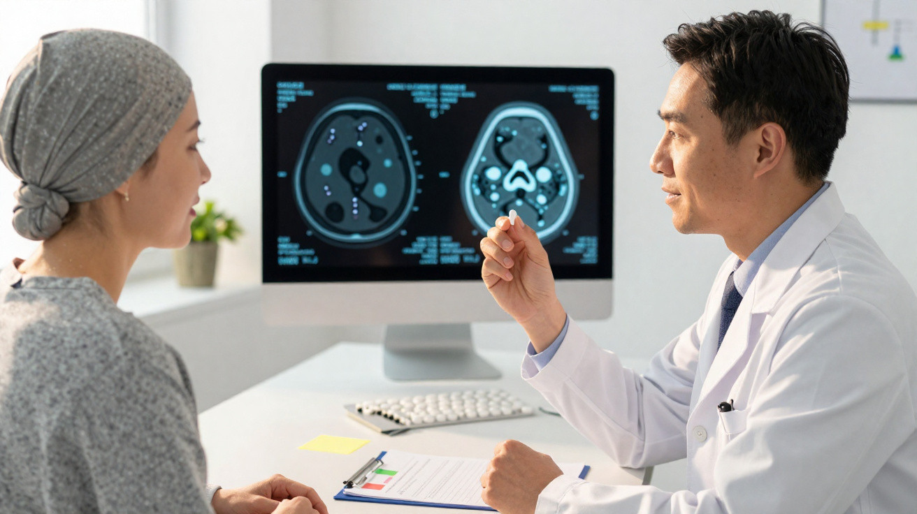 Paciente com lenço na cabeça consulta médico que analisa exames no computador em ambiente clínico.
