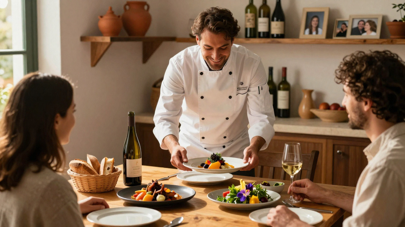 Chef servindo prato em jantar elegante para casal, com vinho e decoração de frutas e flores na mesa.