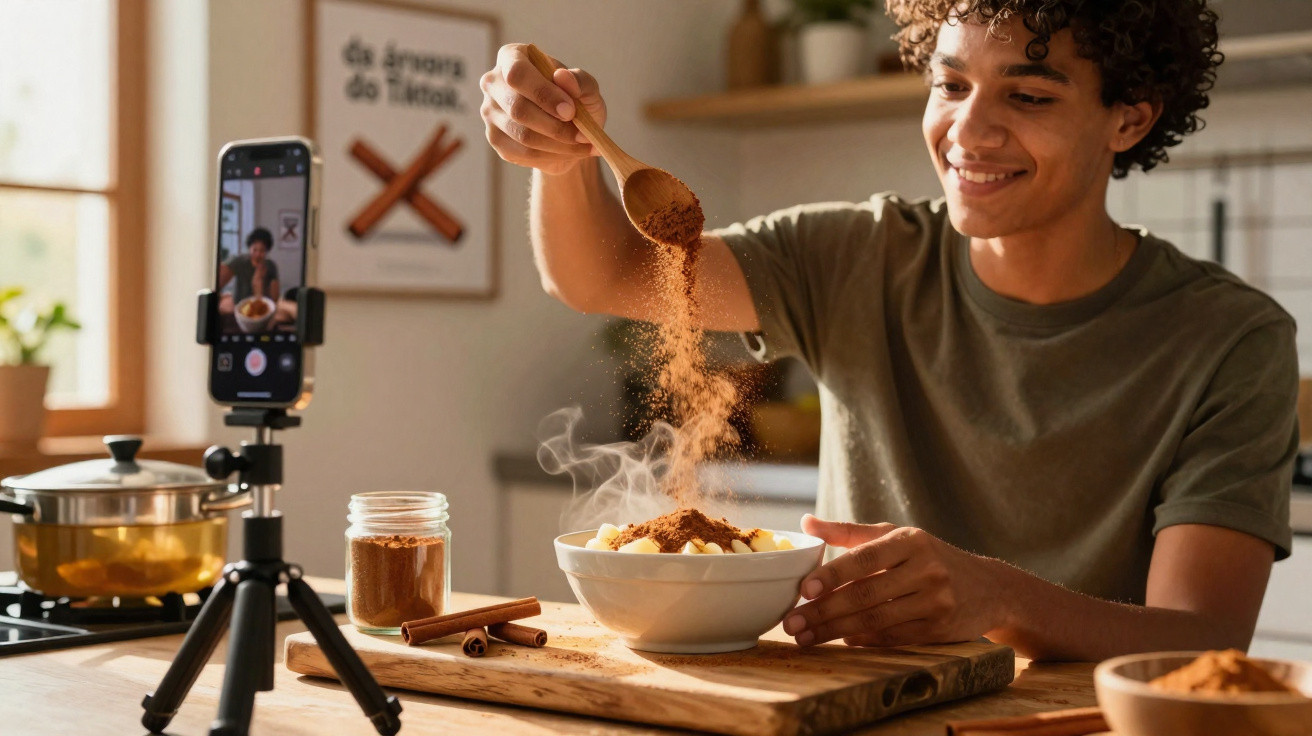 Jovem prepara receita, adicionando especiaria em pó em uma tigela, enquanto grava com celular em tripé na cozinha.