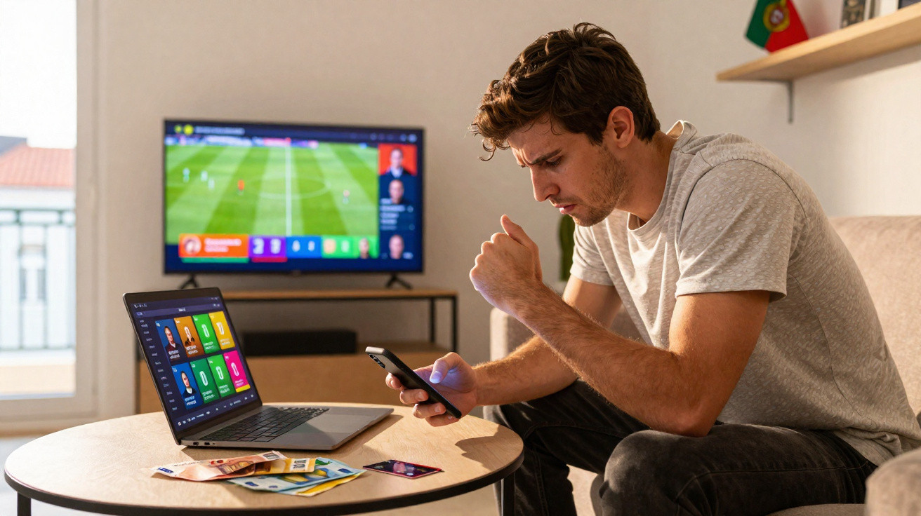 Homem sentado no sofá fazendo apostas esportivas online com laptop e celular, jogo de futebol na TV ao fundo.