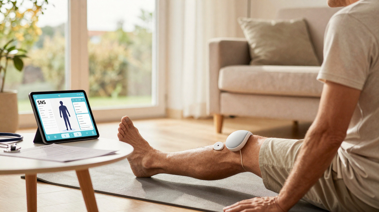 Homem sentado no chão com dispositivo eletrônico conectado ao joelho, consultando dados de saúde em tablet.
