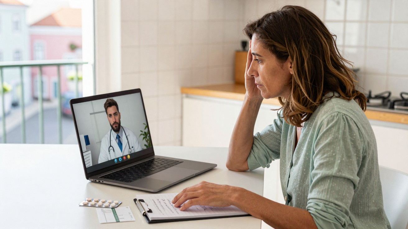 Mulher em consulta online com médico, olhando para laptop em cozinha, com medicamentos e anotações na mesa.