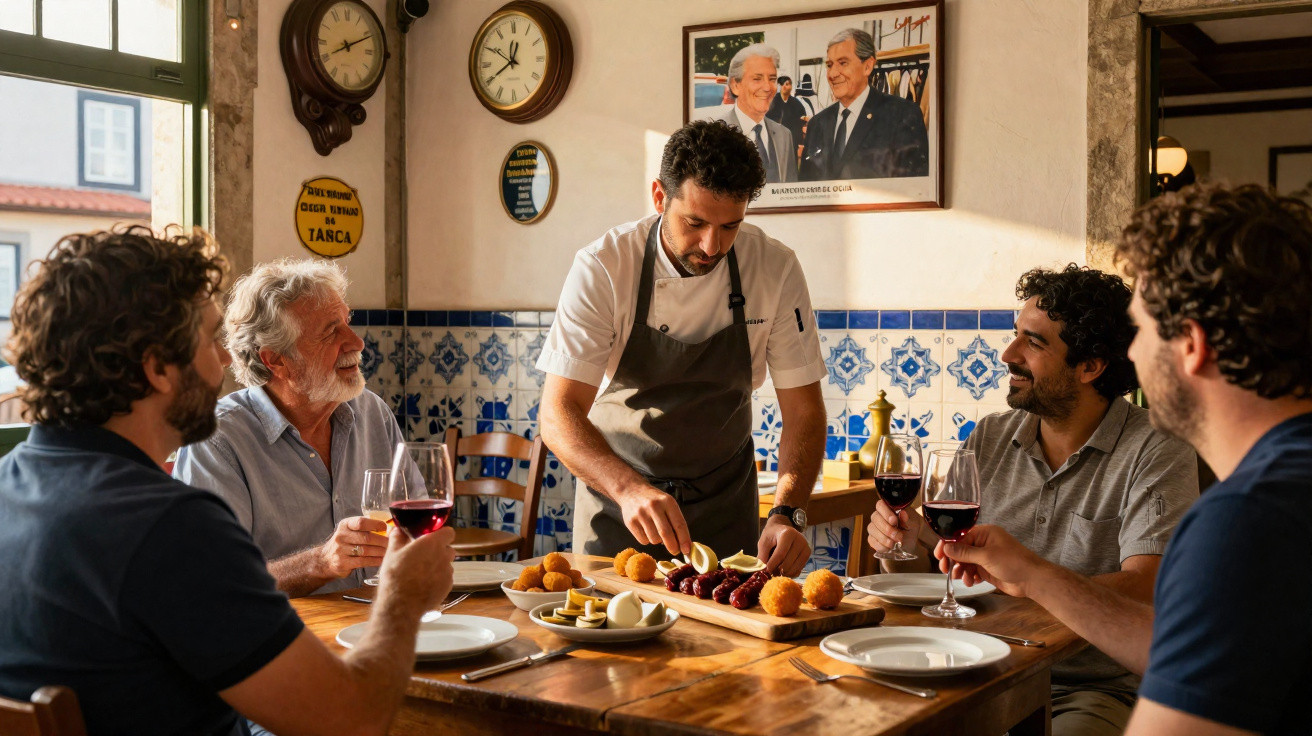 Garçom serve petiscos enquanto quatro homens brindam com vinho em restaurante com decoração tradicional.