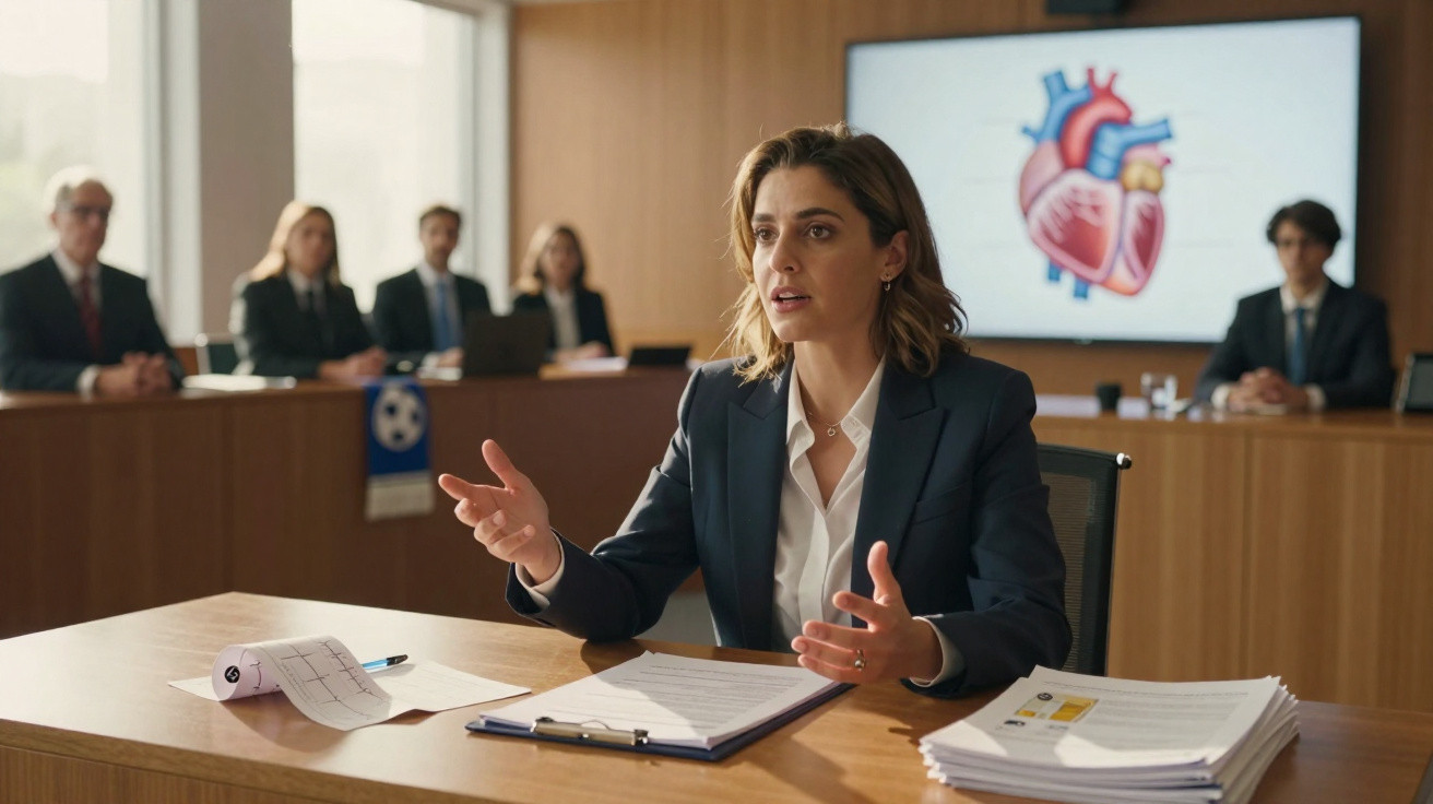 Mulher de terno apresentando proposta com gráfico de coração ao fundo para grupo em sala de reunião.