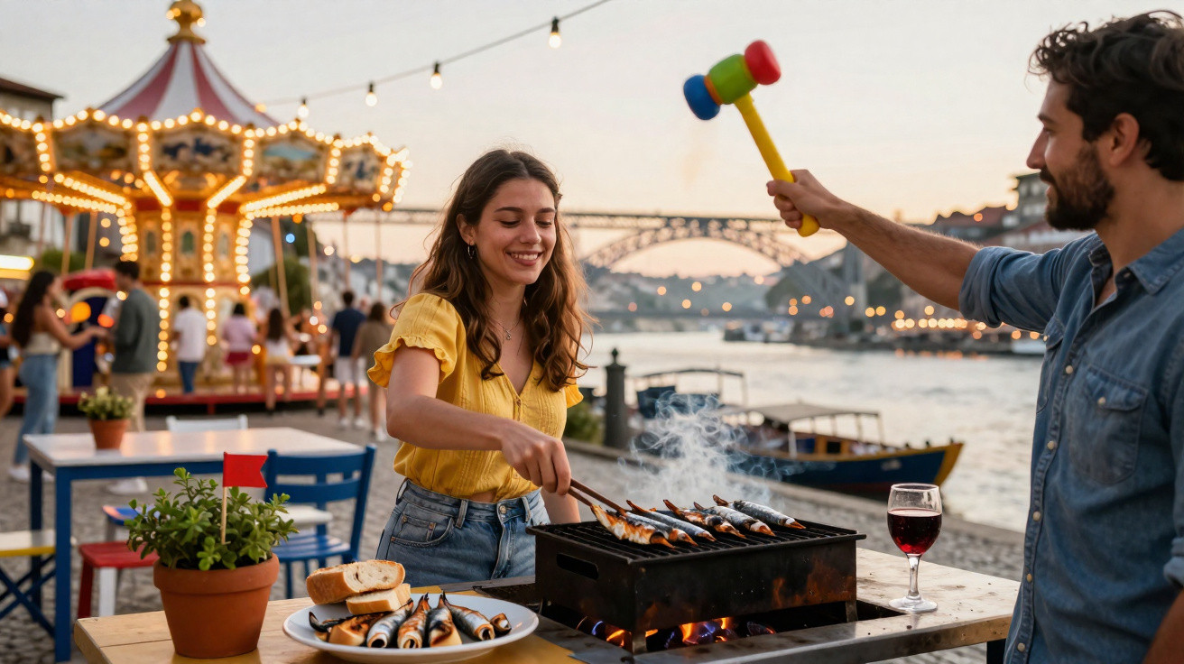 Casal assando peixes em churrasco à beira do rio ao pôr do sol, com carrossel e ponte ao fundo.