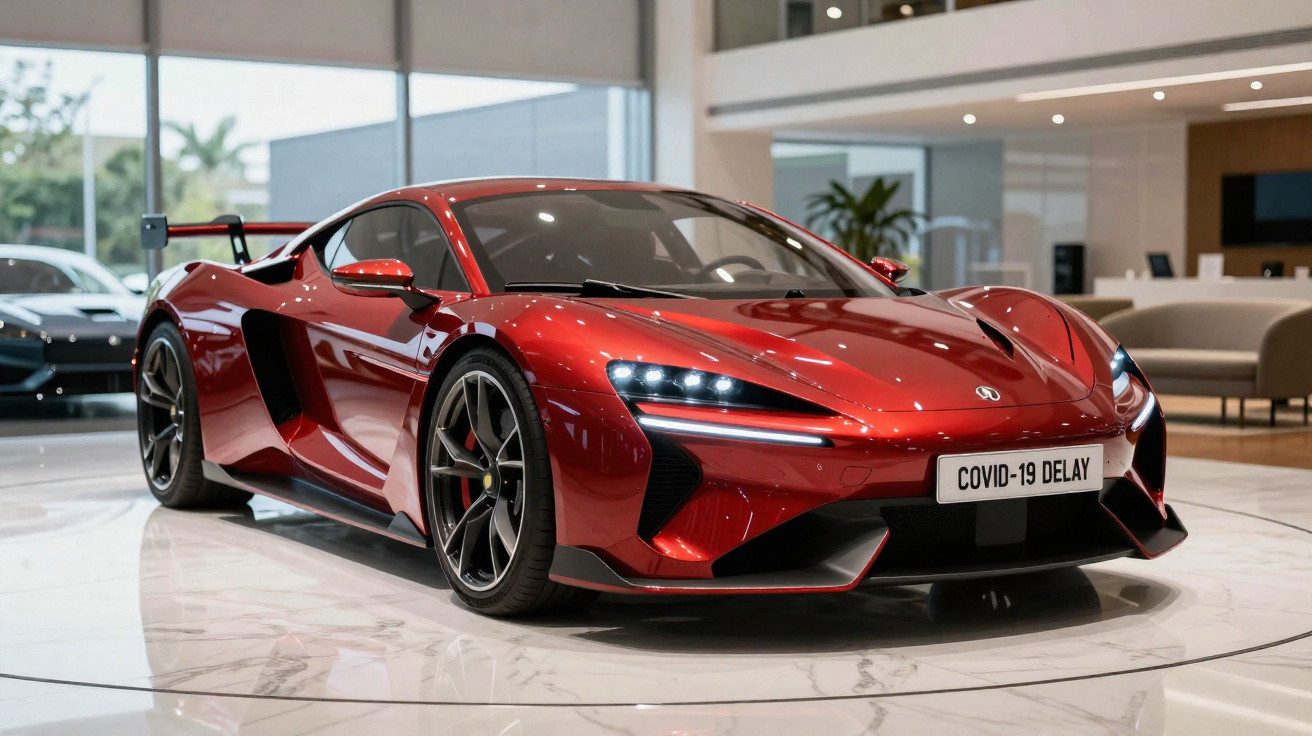 Carro esportivo vermelho brilhante em exibição com placa "COVID-19 DELAY" em salão moderno e iluminado.