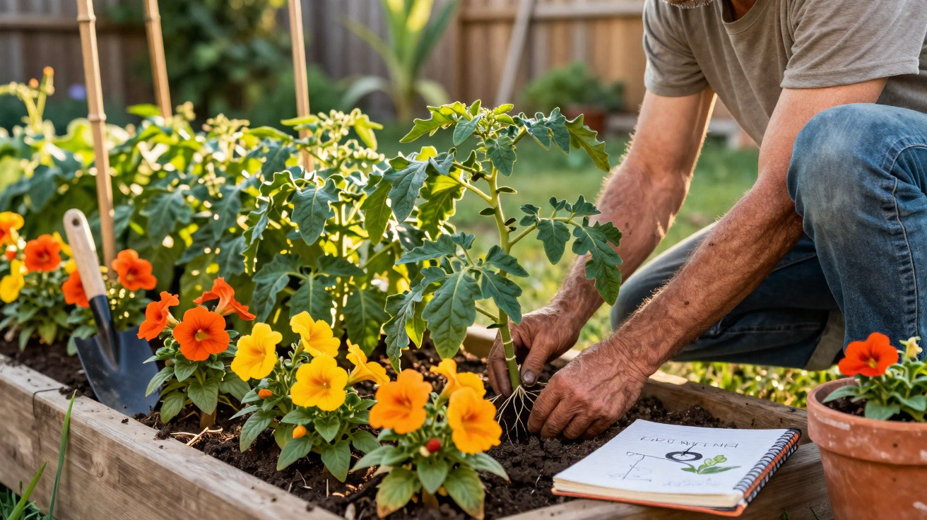 Pessoa cuidando de plantas e flores em um jardim, com caderno de anotações e enxada ao lado.
