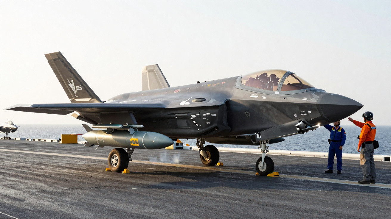 Avião militar furtivo no convés de porta-aviões com duas pessoas em uniforme ao lado observando.