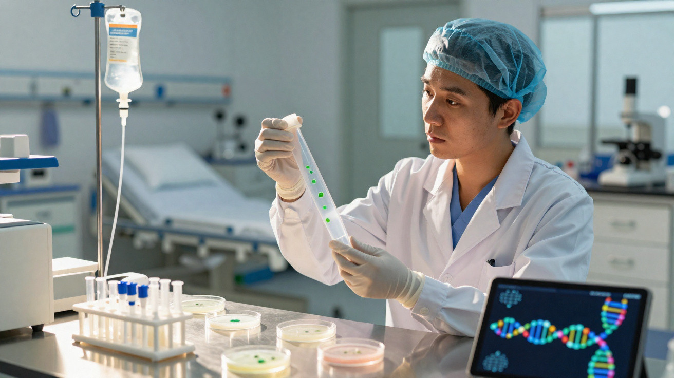 Cientista em laboratório analisando tubos de ensaio com cultura microbiológica e imagem de DNA no computador.