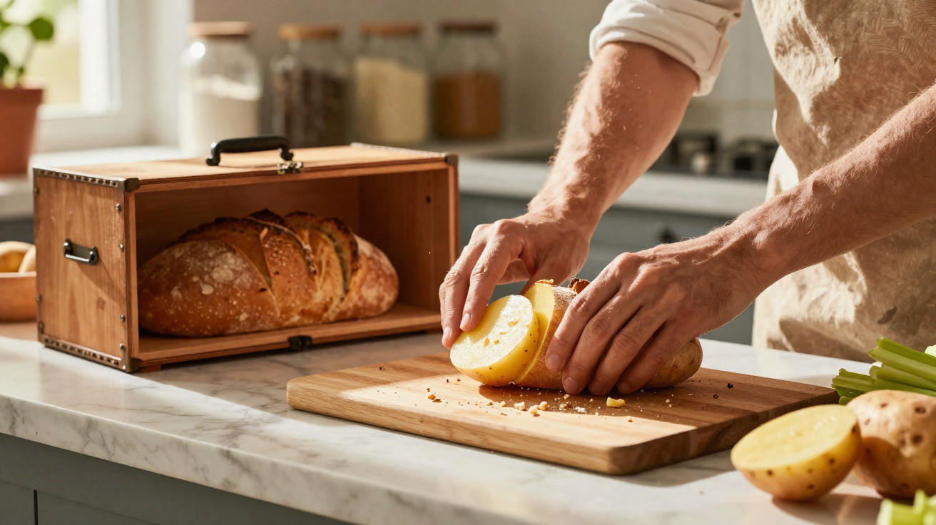 Pessoa cortando batata em tábua de madeira em cozinha iluminada, com pão em caixa de pão ao fundo.
