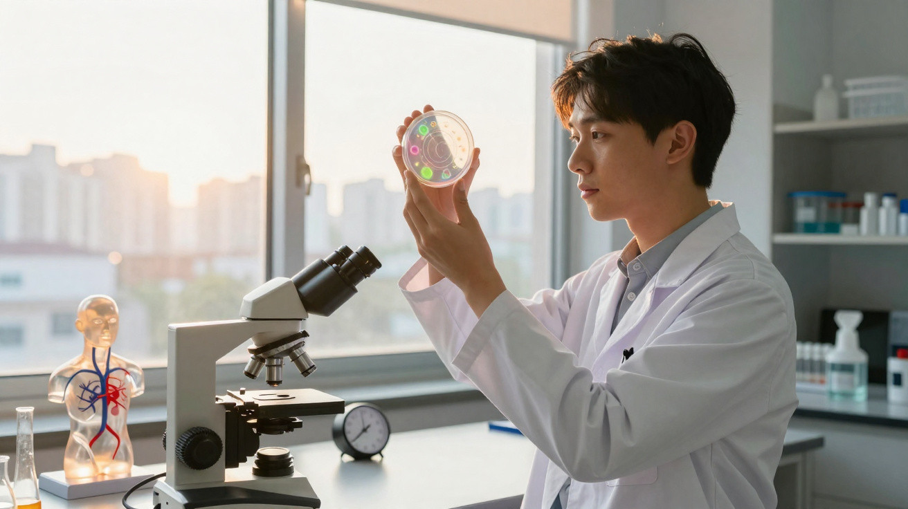 Jovem cientista em jaleco analisando lâmina com cultura celular em laboratório iluminado pela luz do dia.
