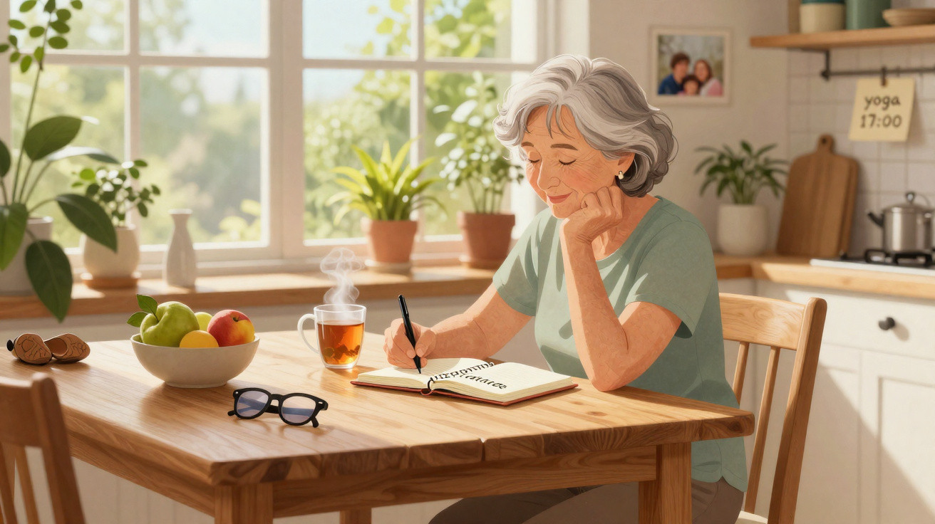 Mulher idosa escrevendo em caderno à mesa de cozinha com chá quente e frutas ao sol da manhã.