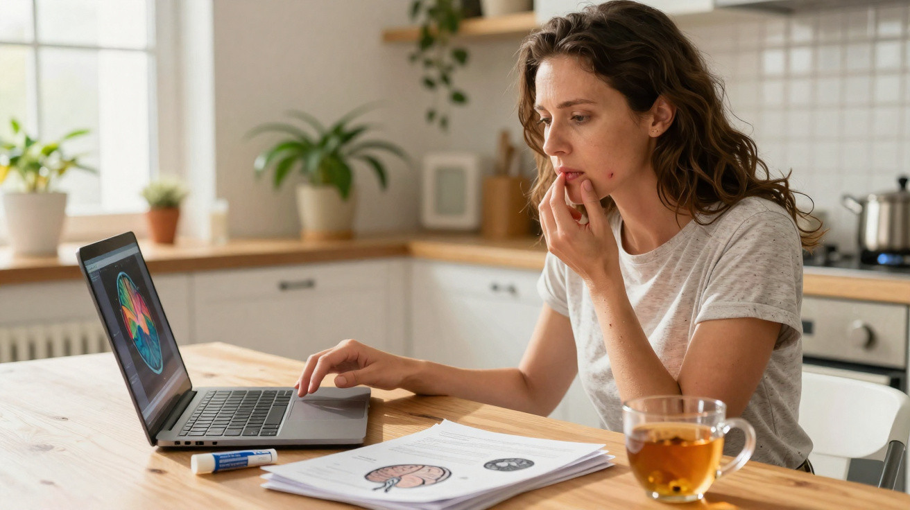 Mulher sentada à mesa, analisando imagens do cérebro no laptop e em papéis, com chá ao lado.