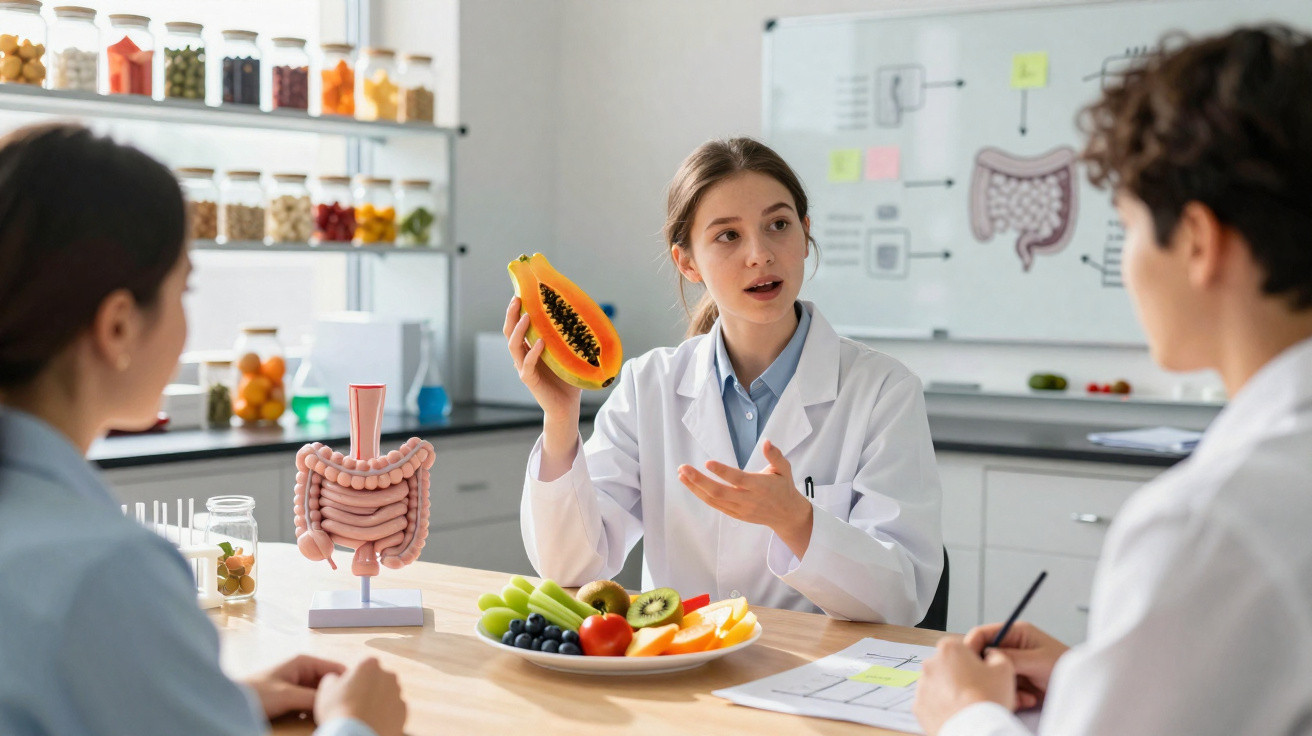 Nutricionista explicando benefícios da papaya e alimentos para saúde digestiva em reunião.